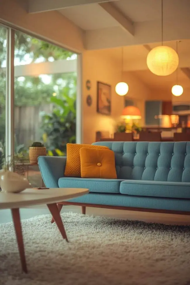 Mid-Century Blue Sofa Style