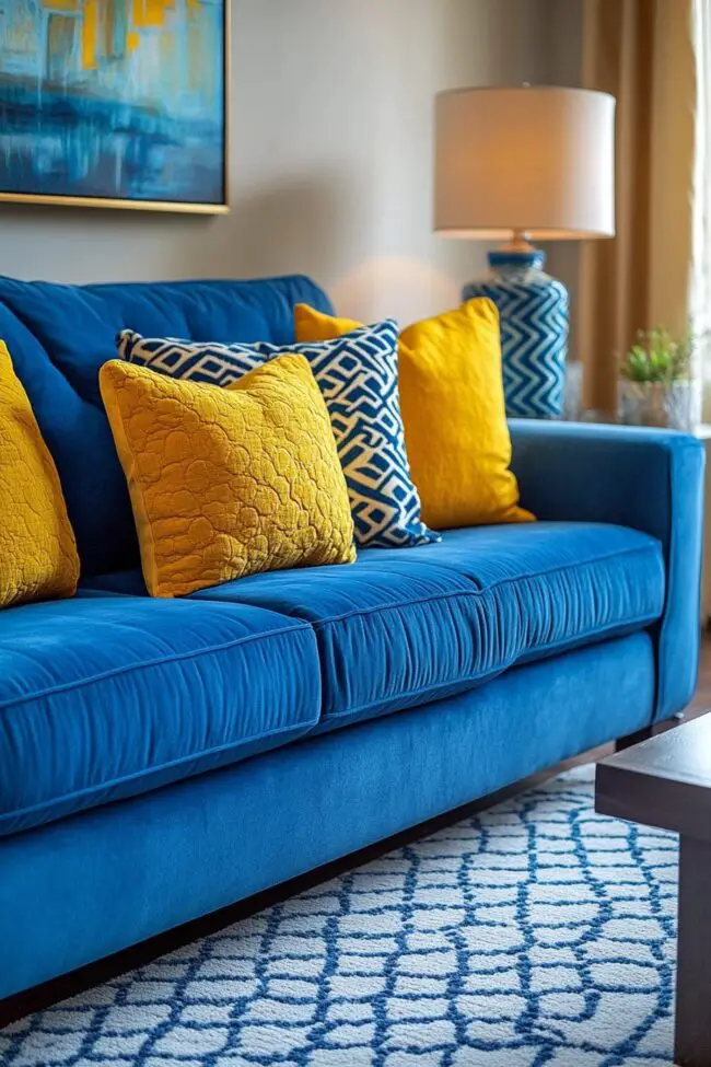 Vibrant Contrast: Blue Couch & Yellow Accents