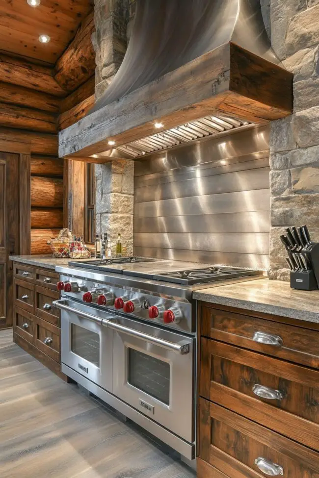 Rustic Log Cabin Feel with Sleek, Polished Surfaces