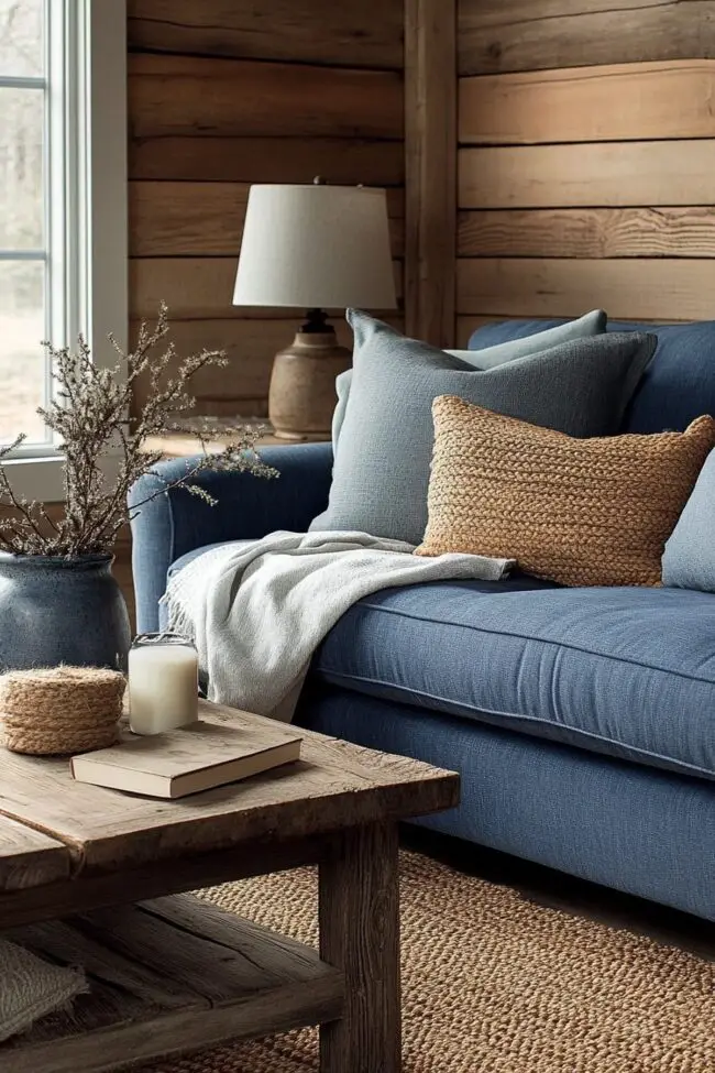 Rustic Elegance with a Blue Sofa