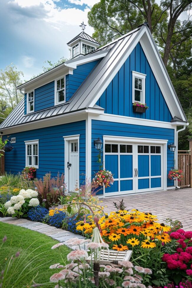 Charming Blue Farmhouse Garage