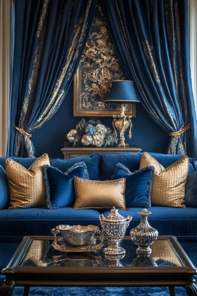 Blue Sofa with Metallic Glam Accents