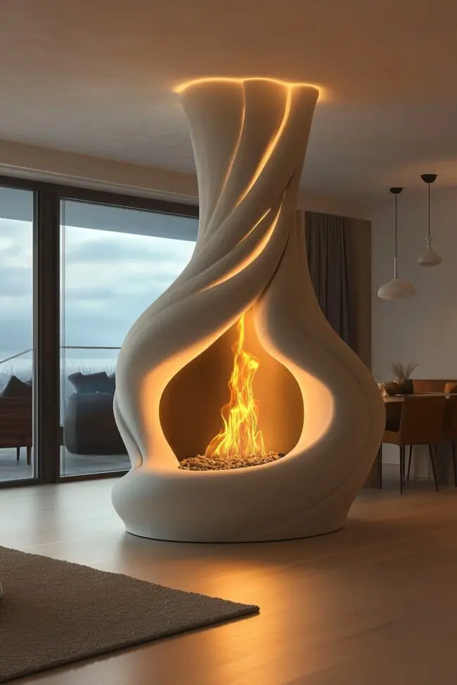 Sculptural White Plaster Fireplace