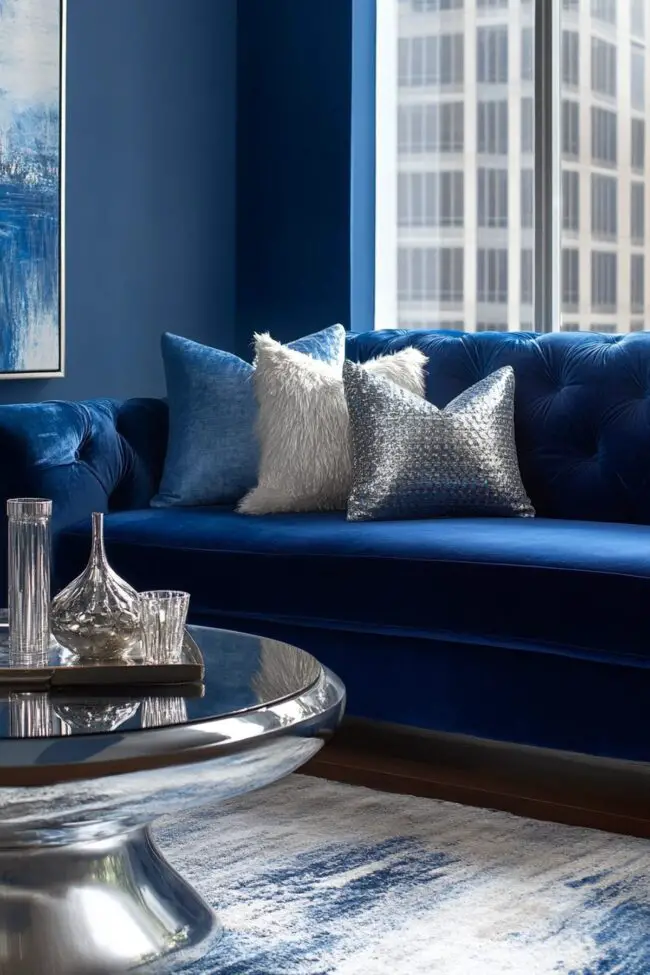 Sleek Blue Sofa with Silver Accents